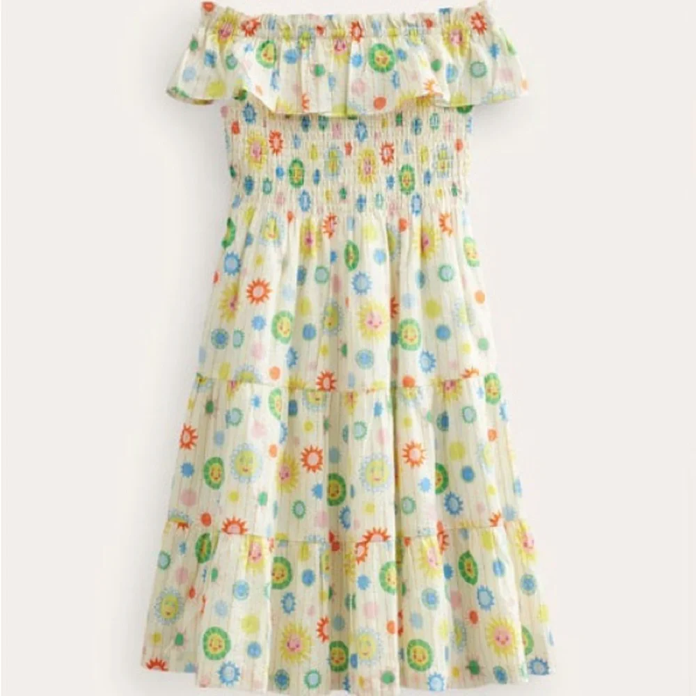 Mini Boden. Smocked Cotton Dress. Happy Sunshine Print. Metallic Stripe. 5-6Y